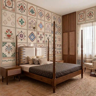 The Chitrangan block-print fresco wallpaper providing a grand, rhythmic accent statement wall in a luxury wooden master bedroom view-bedroom