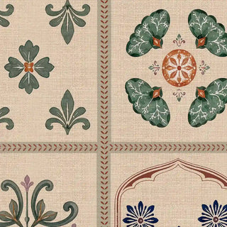 A high-resolution close-up view of the Chitrangan wallpaper showing the fine canvas texture, emerald rosettes, and terracotta chevron lines.