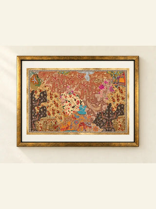 Chitravali framed wall art: folk collage of processions, chintz florals and a red elephant, landscape wooden frame with ivory mount