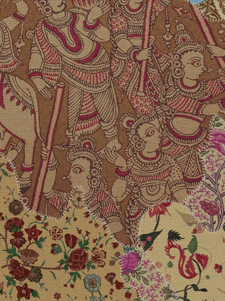 A close-up of the Chitravali wall art showing Kalamkari-style procession figures with staffs, beside stitched patches of ochre and pink chintz florals.