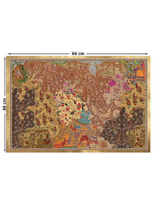 Full view of the Chitravali wall art, a stitched patchwork of Kalamkari processions, chintz florals, cockerels and a red elephant, at 44 cm by 66 cm.