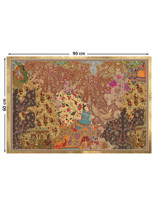 Full view of the Chitravali wall art, a stitched patchwork of Kalamkari processions, chintz florals, cockerels and a red elephant, at 60 cm by 90 cm.