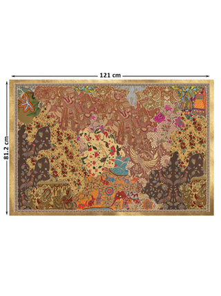 Full view of the Chitravali wall art, a stitched patchwork of Kalamkari processions, chintz florals, cockerels and a red elephant, at 81.2 cm by 121 cm.