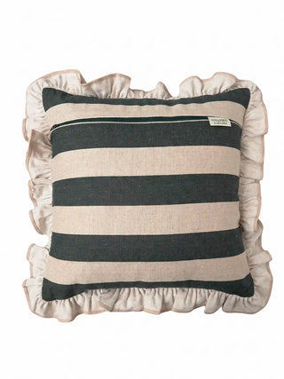 Back view of the Cinnamon ruffle cushion cover in green, showing the concealed zip closure and brand label within the ruffled border.
