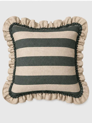 Front view of the Cinnamon ruffle cushion cover in green, showing the broad handwoven stripes and double ruffle border on a plain background.