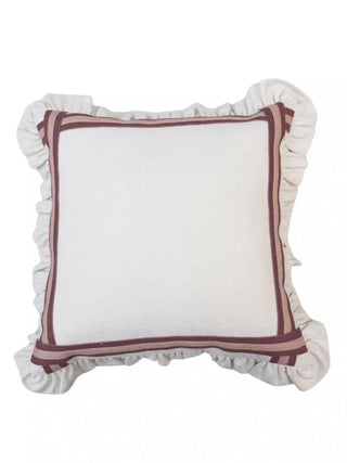 A full front view flat lay of the square Cinnamon Ruffle cushion cover showcasing its symmetrical ribbon border design.