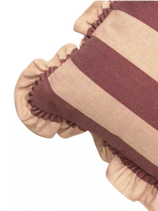 A high-resolution close-up of the herringbone canvas weave, maroon stripe pattern, and double-layered ruffle border detail.