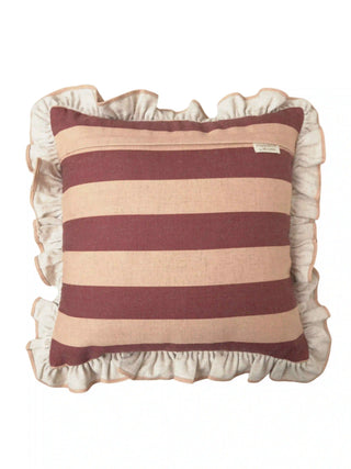 The reverse side view of the Cinnamon Stripe Ruffle cushion cover showing the neat hidden zipper closure system.