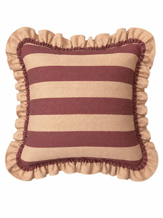 A full front view flat lay of the square Cinnamon Stripe Ruffle cushion cover showcasing its symmetrical horizontal stripe design.