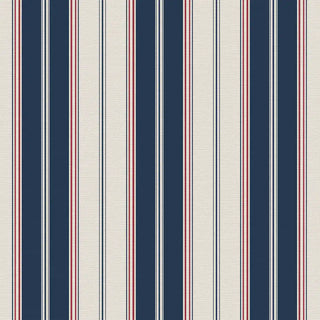 A close-up of the Classic Navy Pinstripe wallpaper pattern, showing navy, cream, red and grey stripe detail.
