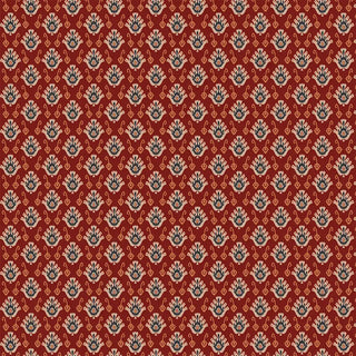 wallpaper highlighting beige and blue nomadic-inspired motifs against the bold red backdrop.