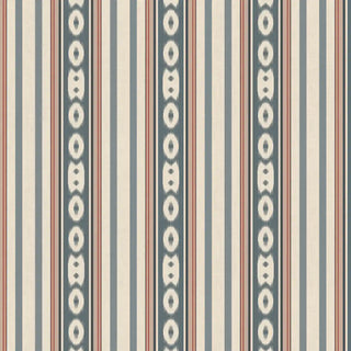 A roll wallpaper featuring alternating blue, cream, and beige vertical stripes with ikat-inspired accents.