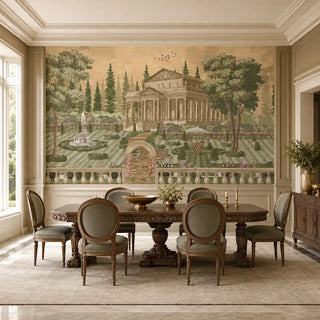 The Garden Escape architectural mural styled in a luxury formal dining room with a carved wood table view-diningtable