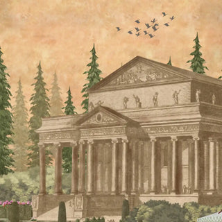 A high-resolution close-up of the classical temple building and flying birds in the Garden Escape wallpaper.