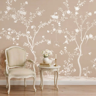Modern living room featuring Aura in the Garden clay beige Chinoiserie wallpaper on accent wall.