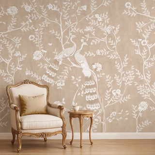 Full wall view of Morni clay beige peacock design wall mural in a modern setting.