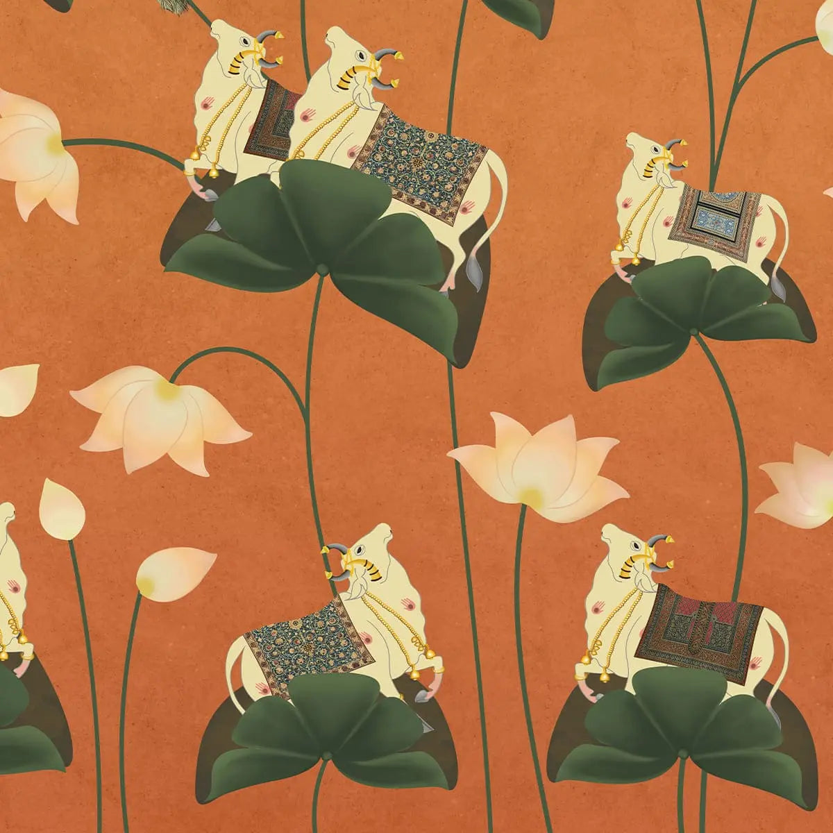 Pichwai Floral Cow Painting Inspired Rust Orange Wallpaper for Walls