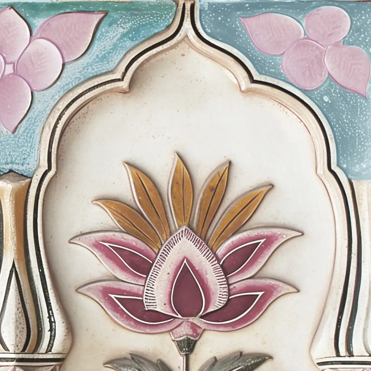 Closeup of Kala Heritage Elegance: Intricate Indian Temple Art Wallpaper in Pink and Blue