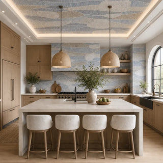 The Coastal Strata Blue abstract geometric wallpaper customized across the kitchen ceiling and backsplash wall above a marble counter island view-ceiling