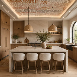 The Coastal Strata terracotta and grey abstract geometric ceiling wallpaper customized inside a luxury organic modern kitchen with a marble island view-ceiling