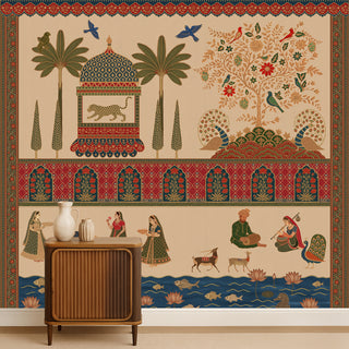 Colors of India Beige mural featuring a palace leopard and Tree of Life styled behind a fluted wood credenza.
