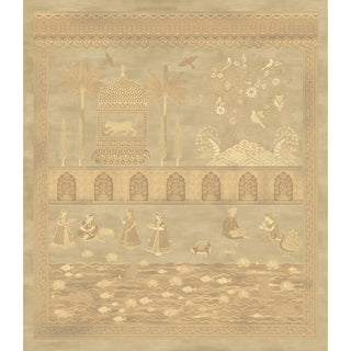 Full pattern view of Colors of India Golden Sand wallpaper with Mughal court scenes and lotus ponds