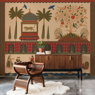 A large-scale Colors of India heritage mural in beige styled in a warm living room with minimalist wood furniture