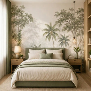 The Coorg Rain Coffee Canopy scenic tropical wallpaper mural dressing an accent wall behind a sage green upholstered bed.