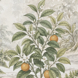 A detailed macro close-up shot highlighting the green leaves, white blossoms, and ripening oranges of the Coorg Rain Coffee Canopy mural.