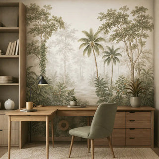 The Coorg Rain Coffee Canopy custom wallpaper mural installed on a feature wall in a modern wooden home office study.