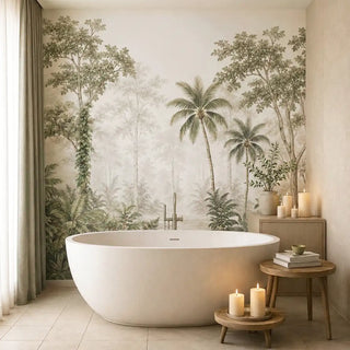 The Coorg Rain Coffee Canopy landscape wallpaper mural installed behind a freestanding round soaking tub in a spa bathroom.