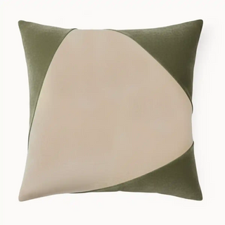 Corner Caps Cushion Cover: Front view of the olive green and cream decorative pillow with a bold, geometric color block design.