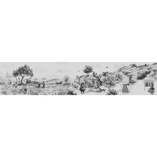 Wallpaper highlighting scenic elements of fields, mountains, and village life in a black and white hand-drawn style.