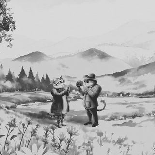 A close-up of the wallpaper showing detailed illustrations of figures, animals, and valley landscapes in monochrome.