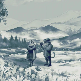 A close-up of the wallpaper showcasing detailed illustrations of people, animals, and valley landscapes in artistic blue tones.