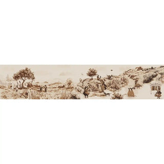 Wallpaper highlighting scenic fields, mountains, and hand-drawn countryside elements in earthy brown tones.