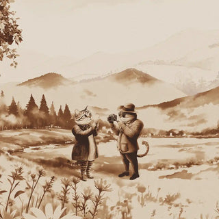 A close-up showing detailed brown illustrations of people, animals, and rustic valley landscapes.