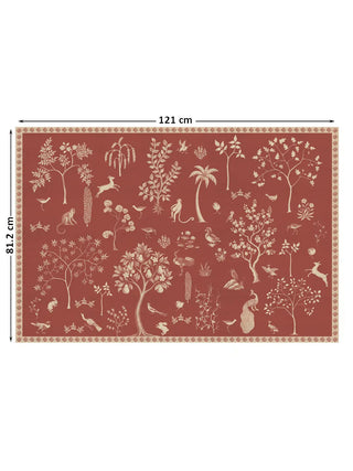 The Crimson Garden wall art, 81.2 x 121 cm, showing the full silhouette tree-of-life scene and border with size markers.