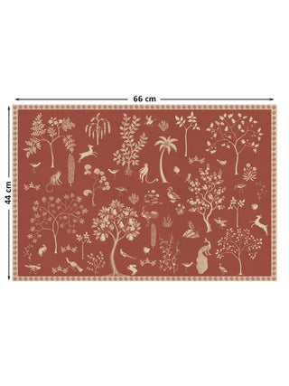 The Crimson Garden wall art, 44 x 66 cm, showing the full silhouette tree-of-life scene and border with size markers.
