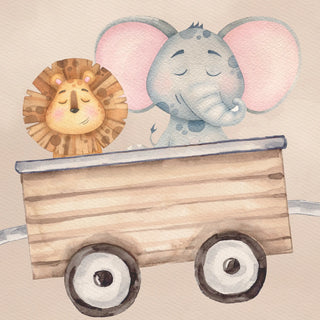A detailed watercolor close-up of a hand-painted elephant and lion riding in a wooden train carriage.