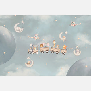 The full pattern layout of the Cuddly Express mural showcasing animals on a train amidst moons and stars.