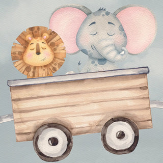 A detailed close-up showing the watercolor texture of a lion and elephant riding in a wooden train carriage.