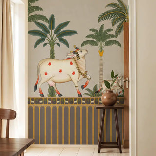 The Surabhi Pichwai wallpaper, showing the elegant full design with stylized cows and palm trees on a light background.