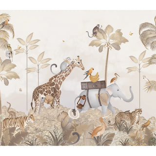 The full pattern layout of the Cute Animal Safari mural showcasing hand-painted giraffes, elephants, and tigers in sepia.