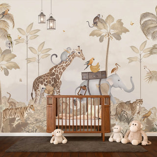 A luxury nursery featuring the Cute Animal Safari sepia mural behind a dark wood crib and plush monkey toys.