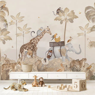 A wide shot of a luxury kids' room featuring the Cute Animal Safari sepia mural with minimalist white furniture.