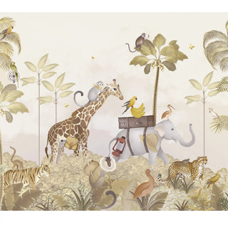 The full whimsical pattern layout of the Cute Jungle Safari green mural showcasing elephants, giraffes, and colorful balloons.