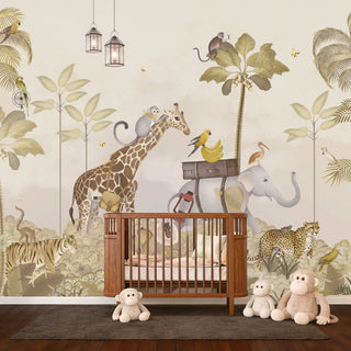 A serene luxury nursery featuring the Cute Jungle Safari green mural behind a whitewashed wood crib and colorful cushions.