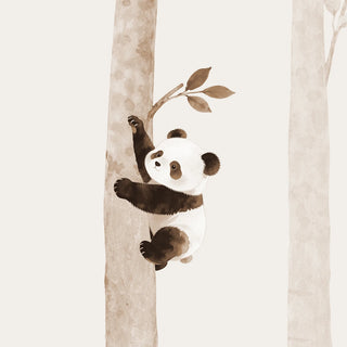 A detailed sepia watercolor close-up of a cute panda climbing a birch tree branch.