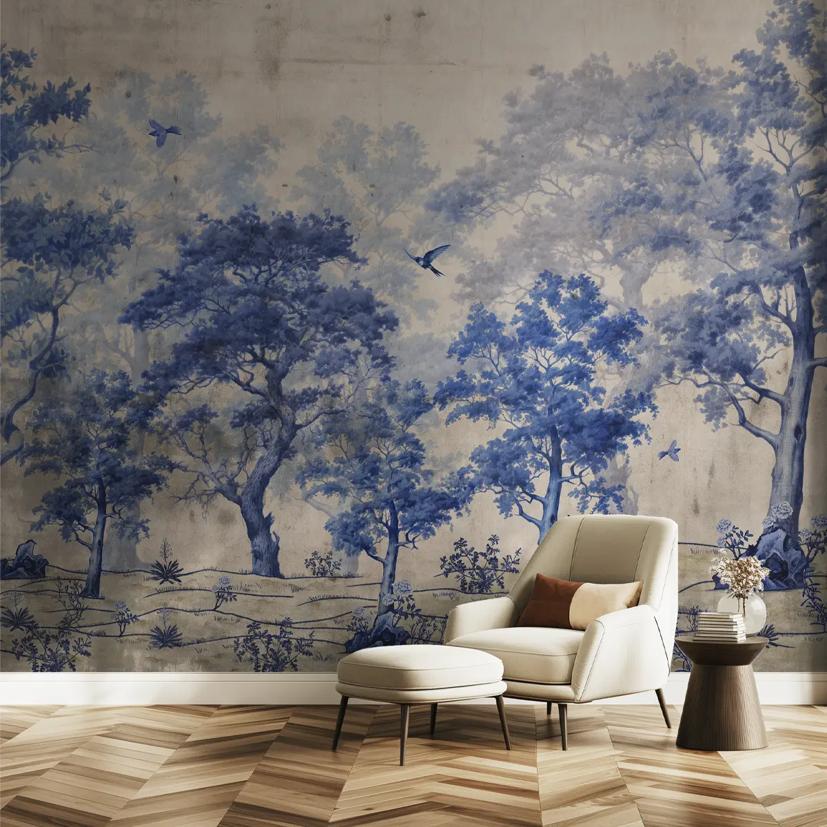 Azure Whispers,  Vintage Bedroom and Living Room Wallpaper